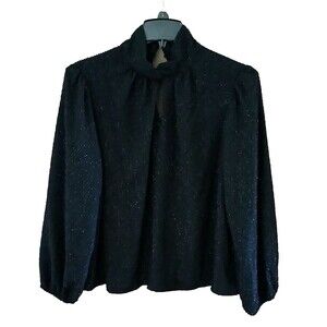 NEW Women's XL Black Metallic Glitter Mock Twist Neck Long Sleeve Fancy Blouse